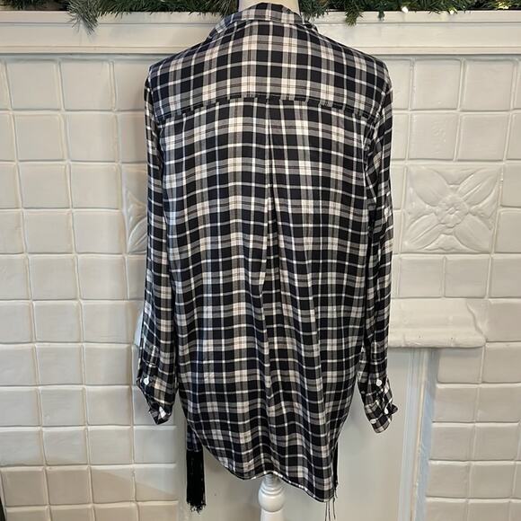 Equipment Femme Essential Tie Neck Silk Shirt in Bright White Palo Santo Plaid L - Picture 6 of 8